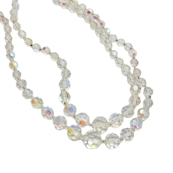 Clear Glass Aurora Borealis Crystal Dual Strand Rhinestone Clasp Necklace 17.5" - Picture 4 of 4